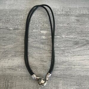 Black Leather Cord Choker Art Deco Silver Charm Necklace Hand Crafted